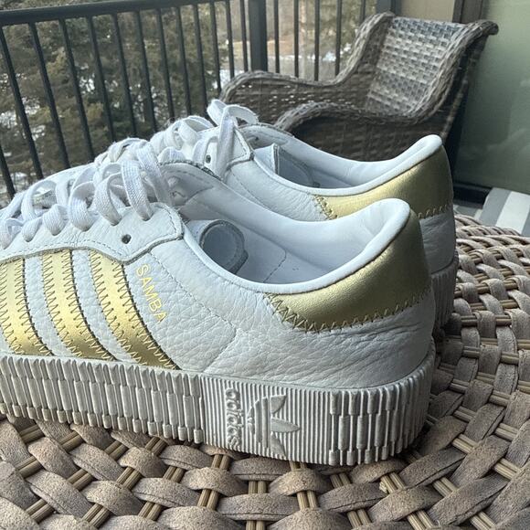 Adidas Women's 7.5 US 6 UK Samba White Platform Leather Sneakers Gold Stripe - Picture 5 of 16